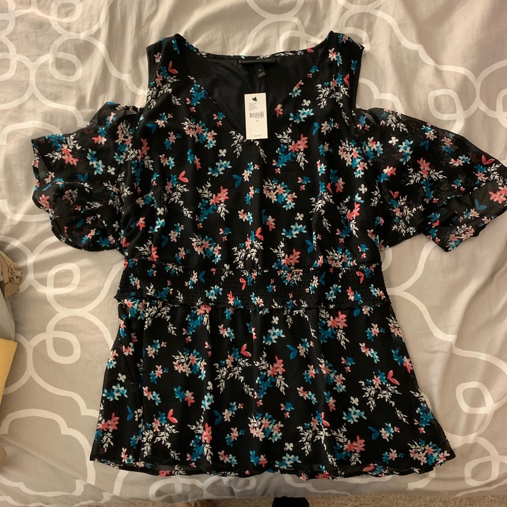 Black floral, cold shoulder top